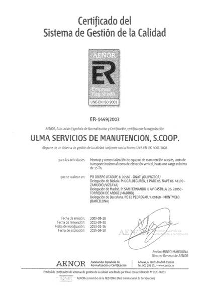 ULMA Carretillas Elevadoras renueva con exito su certificación en la ISO 9001