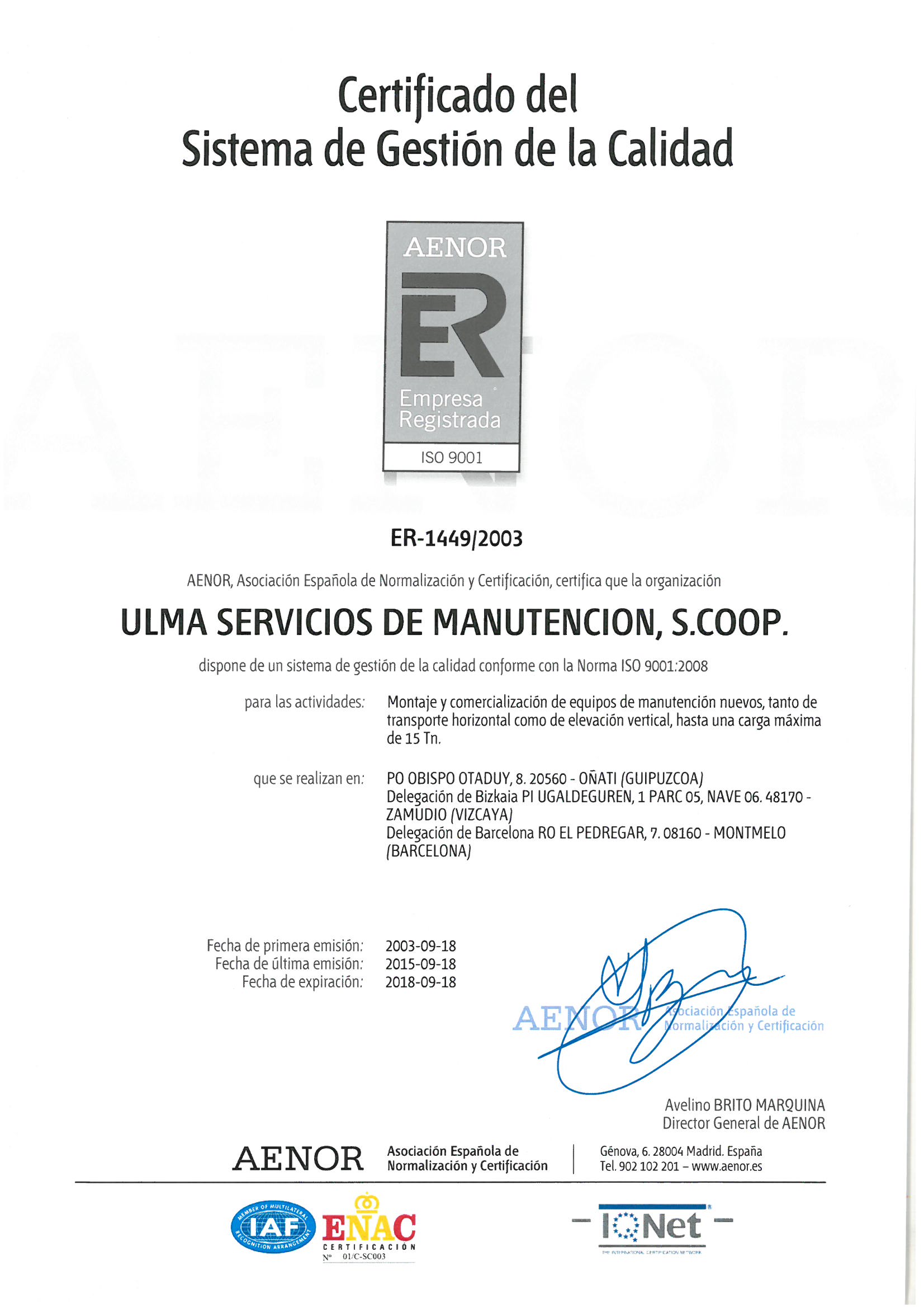 Certificado Ulma ISO 9001